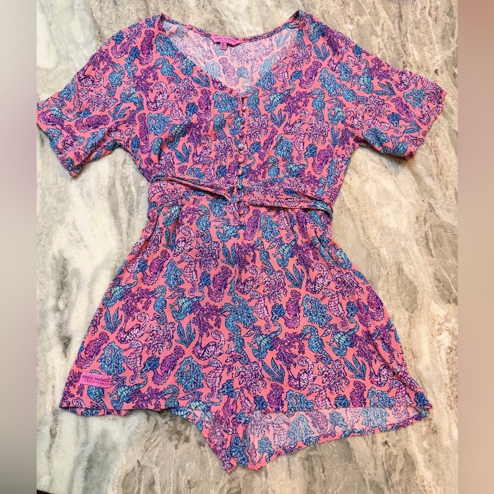 Simply Southern Romper Women’s Large Pink Seahorse Coastal Button Front Shorts